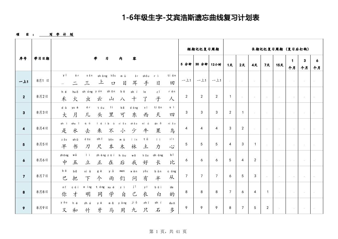 艾宾浩斯曲线生字表3500（1-6年级）