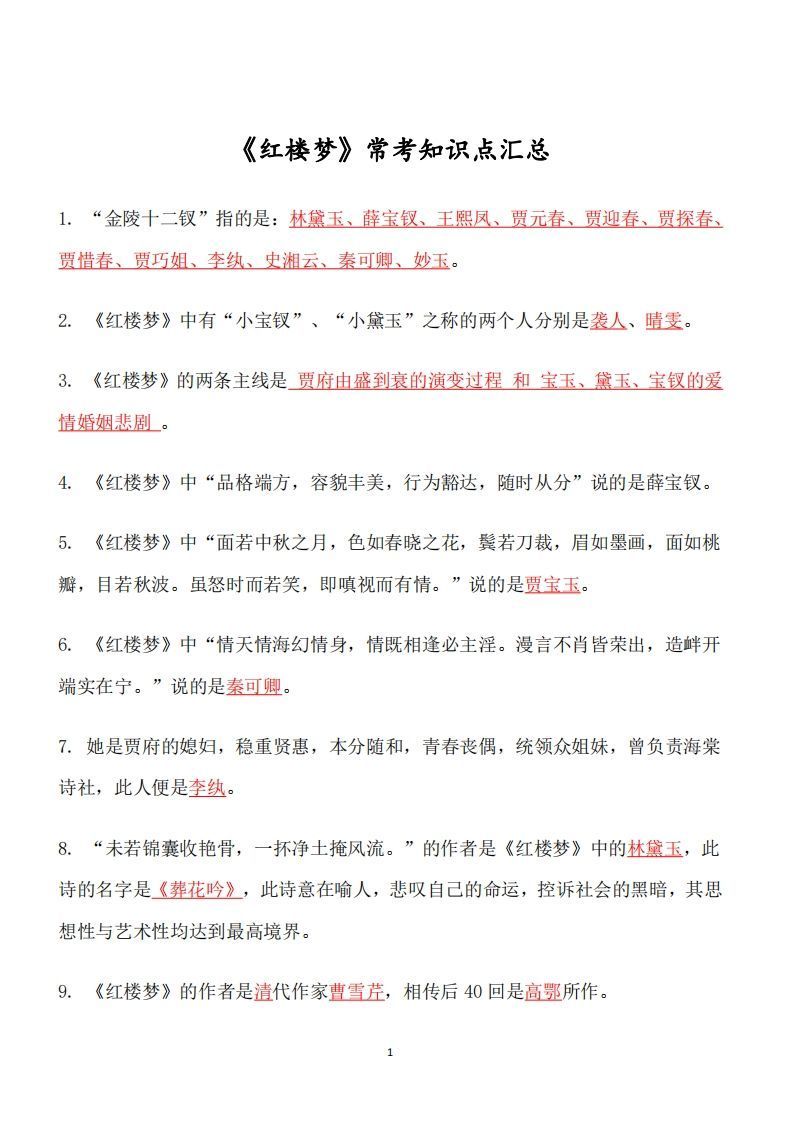 四大名著必考知识点《红楼梦》_知识点